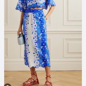 Farm Rio blue floral linen midi skirt